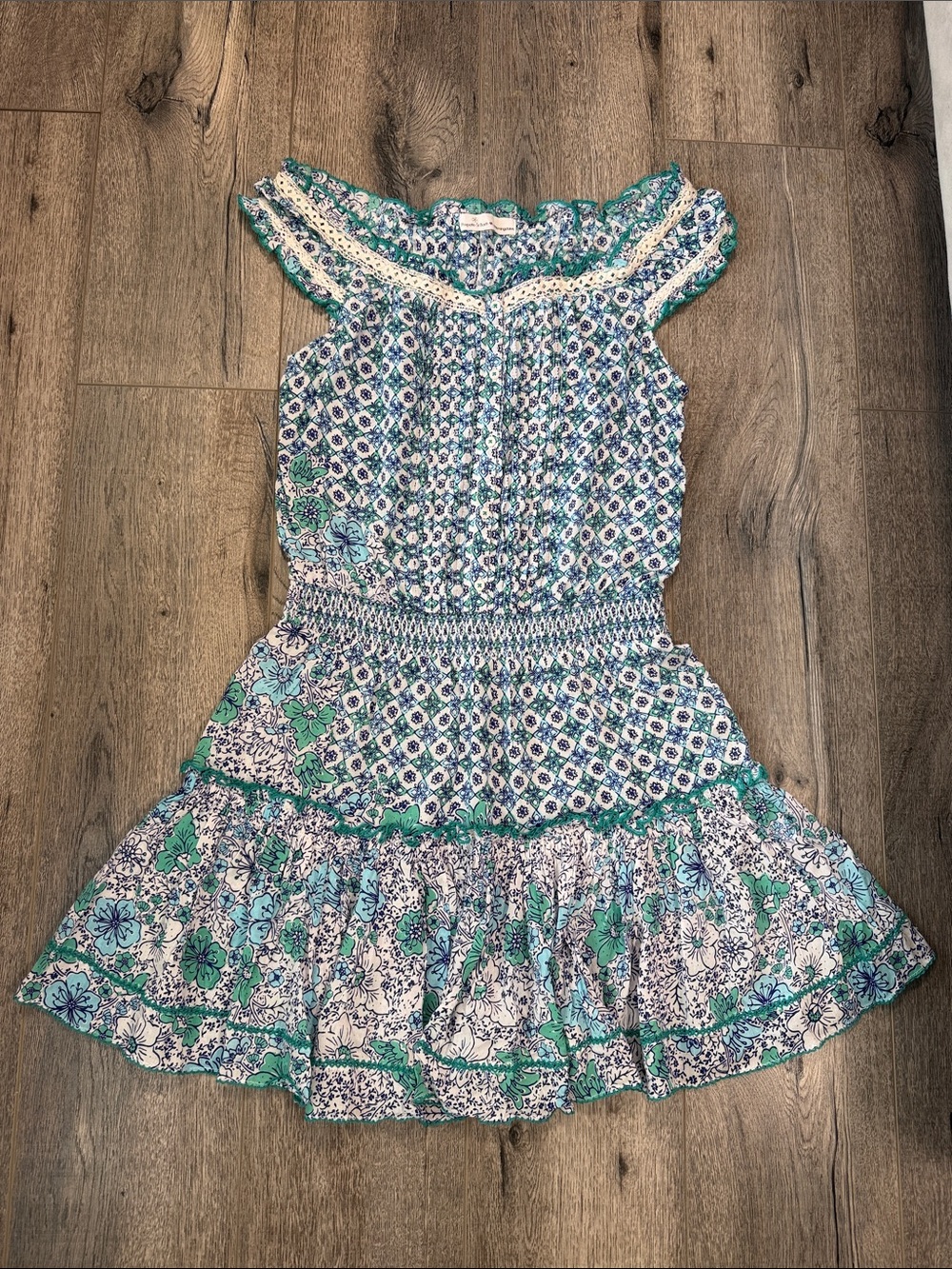 Poupette St. Barth Blue & Green Floral Smocked Mini Dress